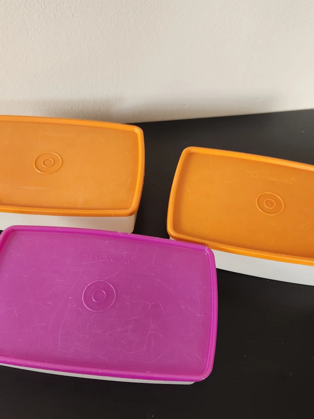 Vintage Tupperware White Containers with Purple Lid and Orange Seals